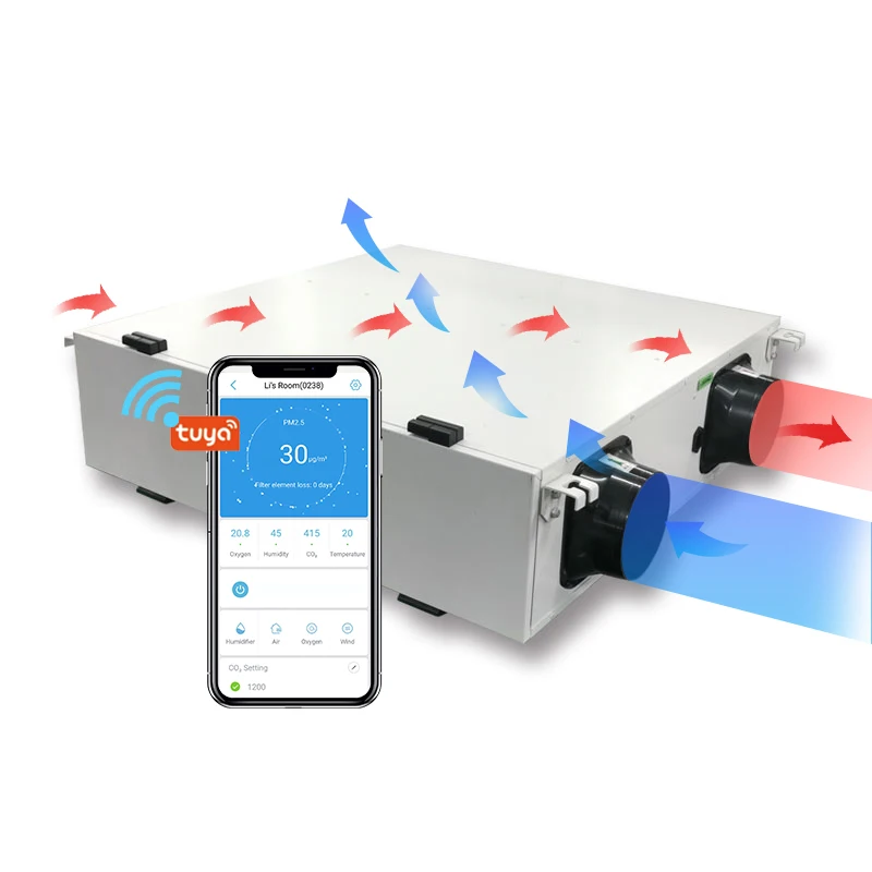 Tuya Smart 450m3/h Ceiling Home Air Recuperator ERV Ventilation System With Heat Recovery For Department Home