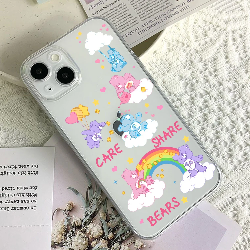 Cute Cartoon Phone Case For Cares Bears iPhone 16 15 14 13 12 11 Mini Pro Max X XR XSMax 7 8 Plus SE20 Transparent Cover