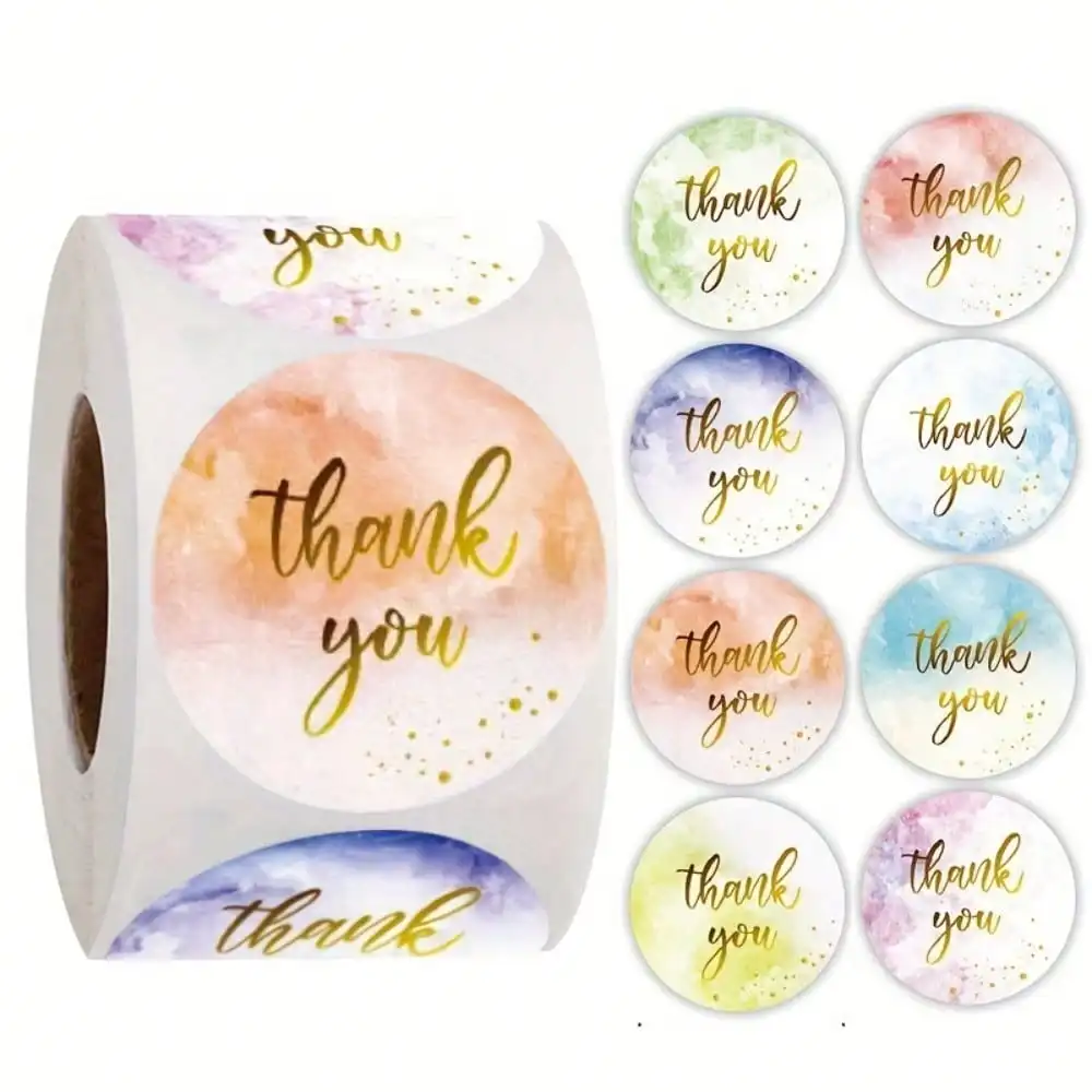 

500 Colorful Circular Thank-You Stickers, 1-Inch Gold Cursive Design, Pink Background - Paper Label Roll, Suitable For Gifts, Cr