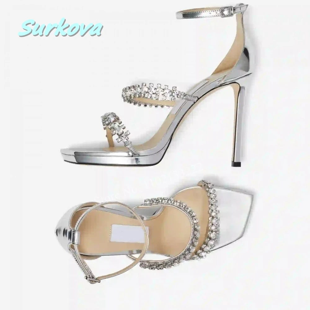 Silver Liquid Metal Sandals With Crystal Straps Solid Women Stiletto Leather Sole Square Toe Fashion Daily Party Commuting Shoes