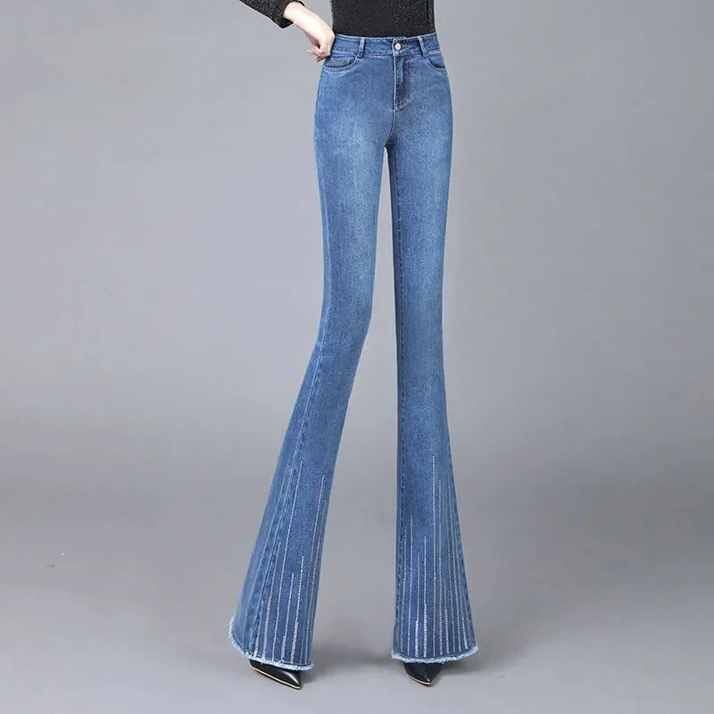 Micro-La Jeans Female 2024 New High Waist Slim Elastic Slim Blue Jeans Flared Pants Drape Trousers