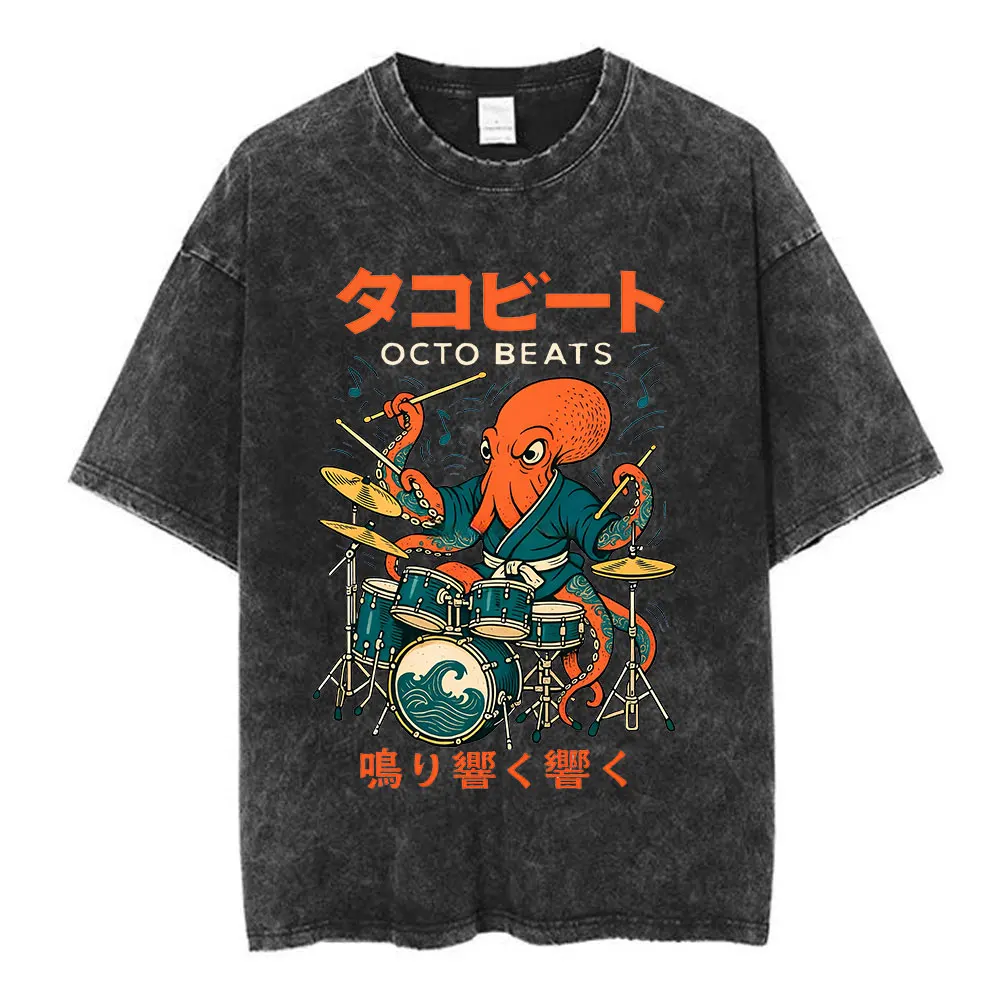 Japanese Octo Beats Osaka Dotonbori Drunken Octopus Funny T Shirts Men Women Vintage Washed Oversized Cotton T-Shirts Streetwear
