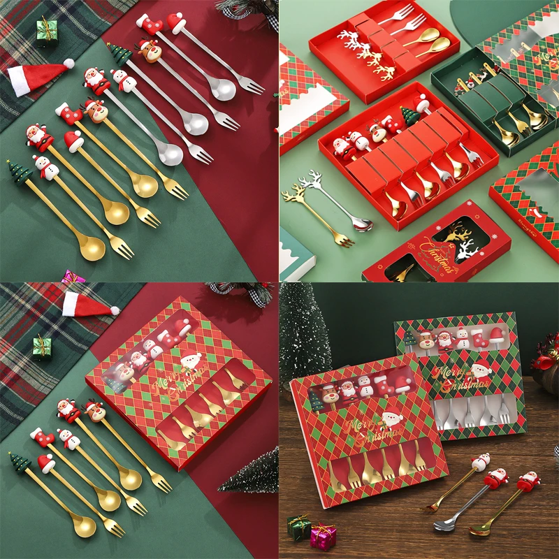 {MX} 2/4/6Pcs Cartoon Christmas Fork Spoon Set Stainless Steel Tableware Christmas Gift Box Coffee Tea And Dessert Fork Spoon