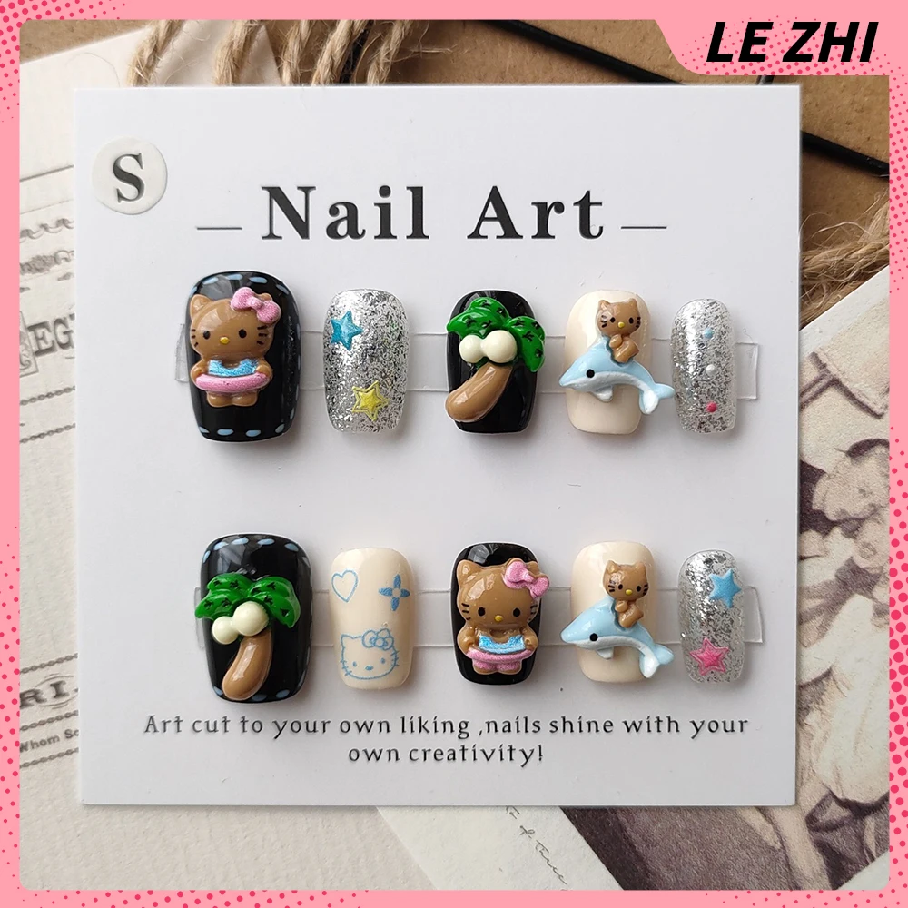 Short Square Cute Hellokitty Press On Nails Hawaiian Coconut Tree Dolphin Black Glitter Portable Fake Nail Stickers for Parties