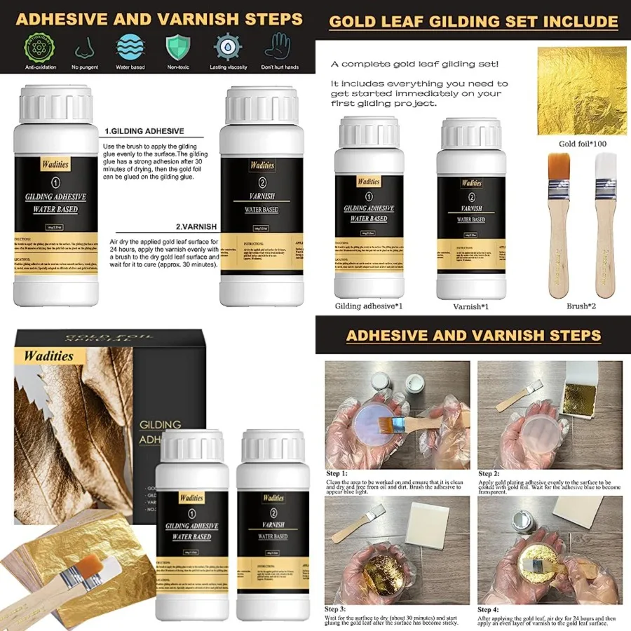 

Gold Leaf Gilding Adhesive Set 100ml Water Based Glue and 100ml Varnish Gold Leaf Sheets 100 pcs 2 Brushes for Craft Painting a