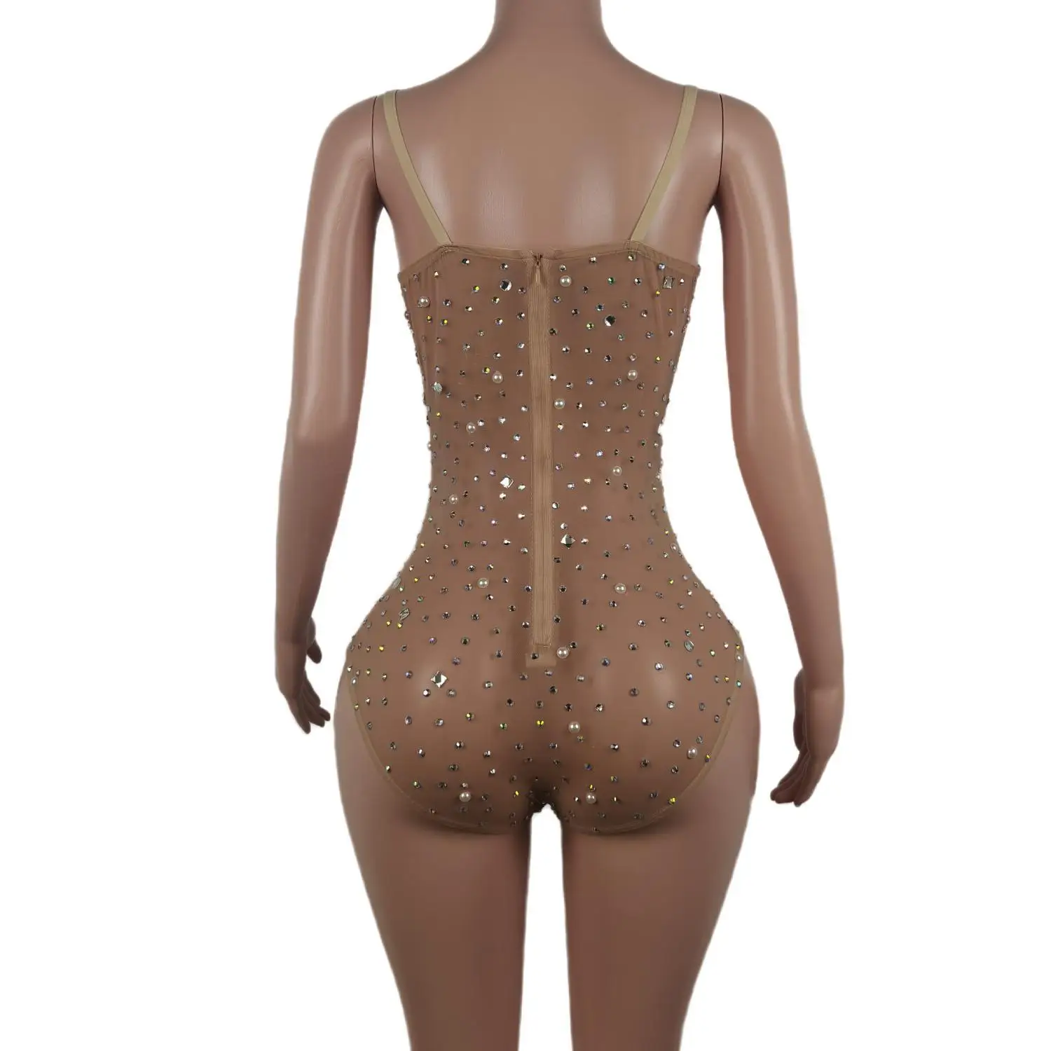 Sexy Rhinestone Dancer Bodysuit Women Sleeveless Elastic Mesh Crystal Jumpsuit Pearls Showgirl Leotard Stage Costume Yemingzhu
