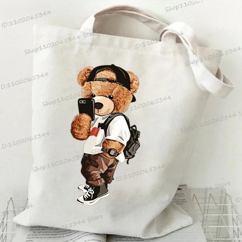 New Funny Bear Harajuku Shoulder Bag for Women Casual Reusable Shopping Bag Teddy Bear Graphic Tote Bag Street Handbags for Lady