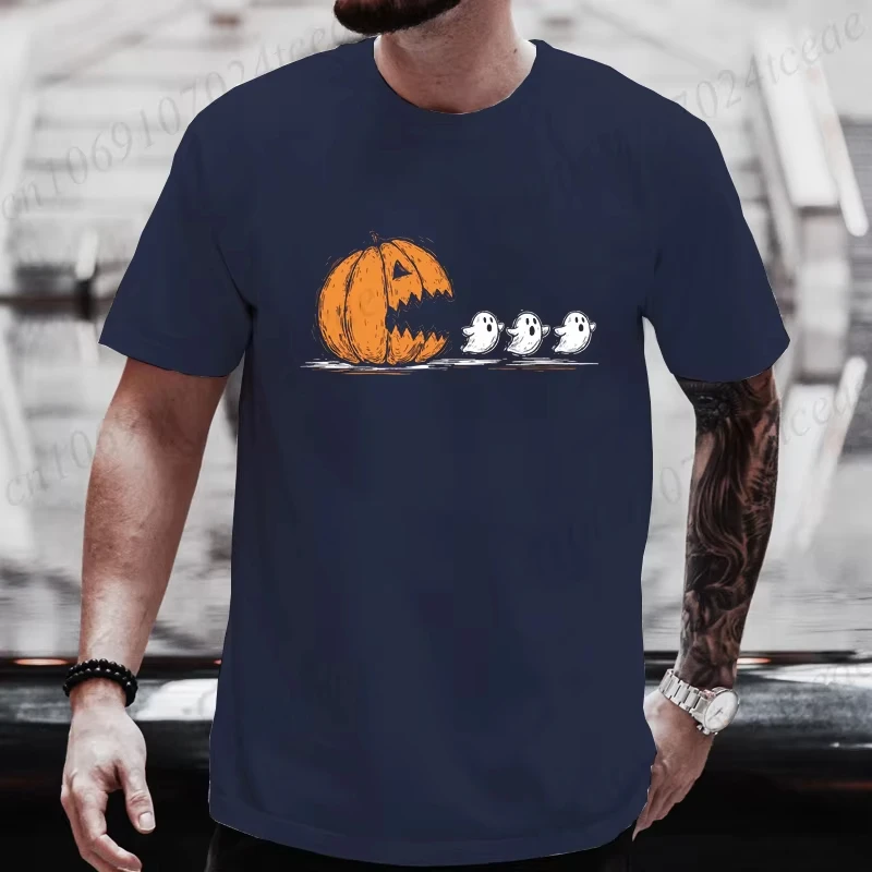 Summer Men's T-shirt Casual Funny Halloween Pumpkin Eat Ghost Print Men T-Shirt O-neck Tops for Men Short Sleeve Male Tee Shirt