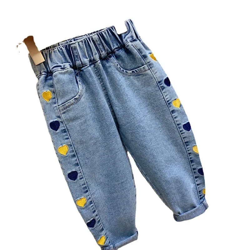 Spring Autumn Baby Girls Denim Pants Heart Embroidery Elastic Waist Muslin Pockets Casual Children Girls Pants Kid Girls Pants