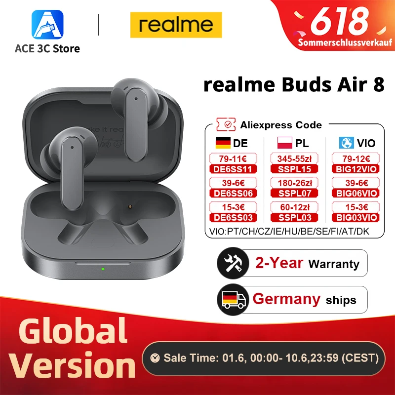 Version Globale realme Buds Air 8 �couteurs avec R�duction de Bruit Ultra Profonde de 55 dB, Double Transducteurs de Premier Ordre 11+6 mm, Conception Ma�tresse, IP55