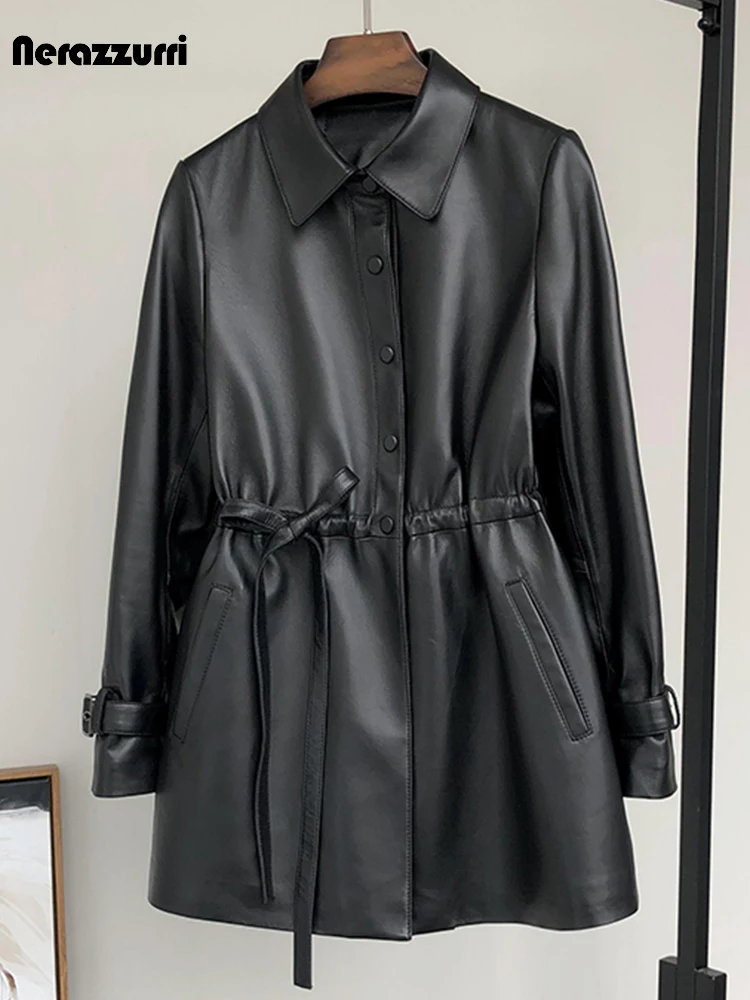 Nerazzurri Spring Autumn Black Soft Pu Leather Jackets Women Drawstring Waist Women's Clothing Luxury Casual Pu Leather Coat