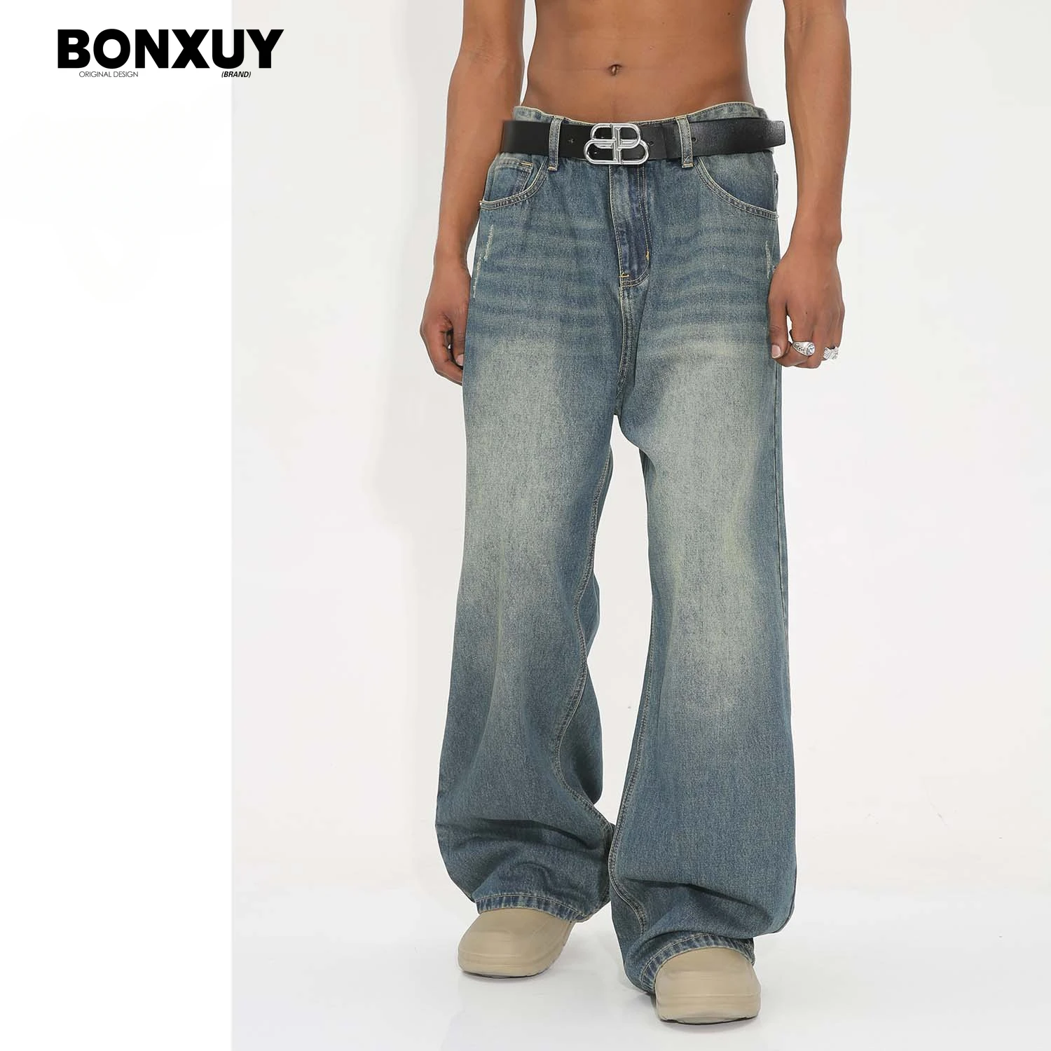 BONXUY American distressed denim trousers for men washed baggy wide leg pants retro simple versatile casual pants