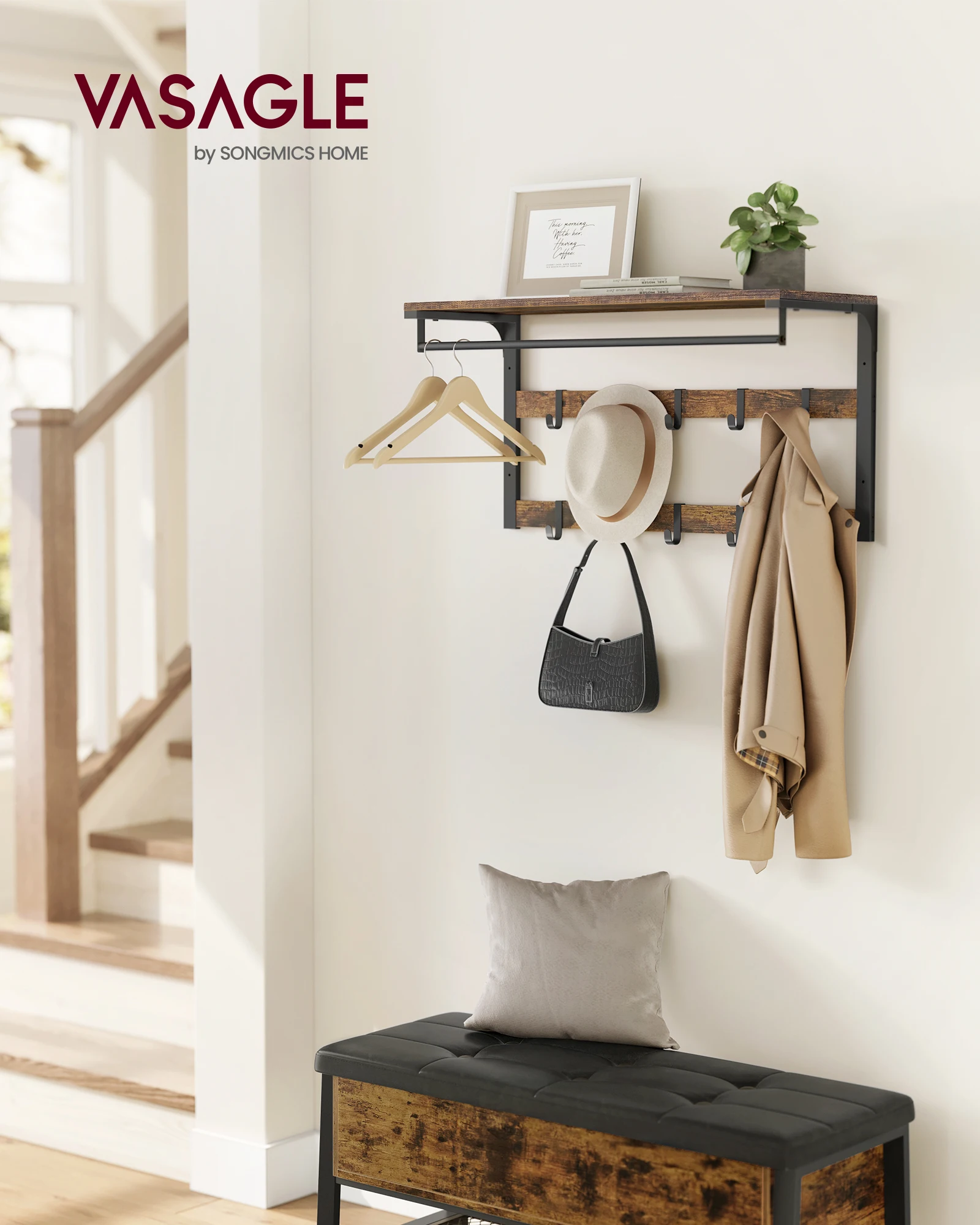 VASAGLE Wandgarderobe, mit Ablage, Wandregal mit 10 abnehmbaren Haken, Hängeregal, Wandmontage, 2 Garderobenleisten
