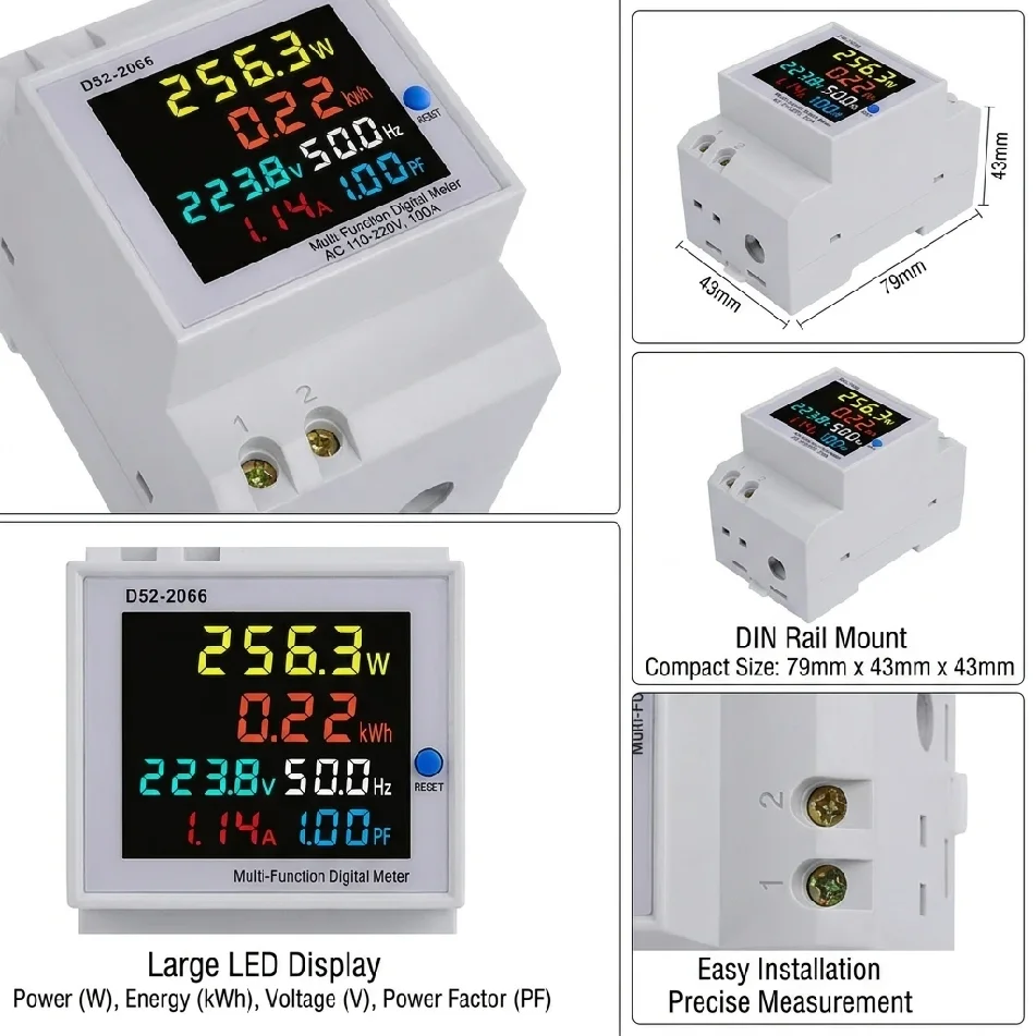6IN1 Din Rail AC Monitor 110V 220V 380V 100A Voltage Current Power Factor Active KWH Electric Energy Frequency Meter