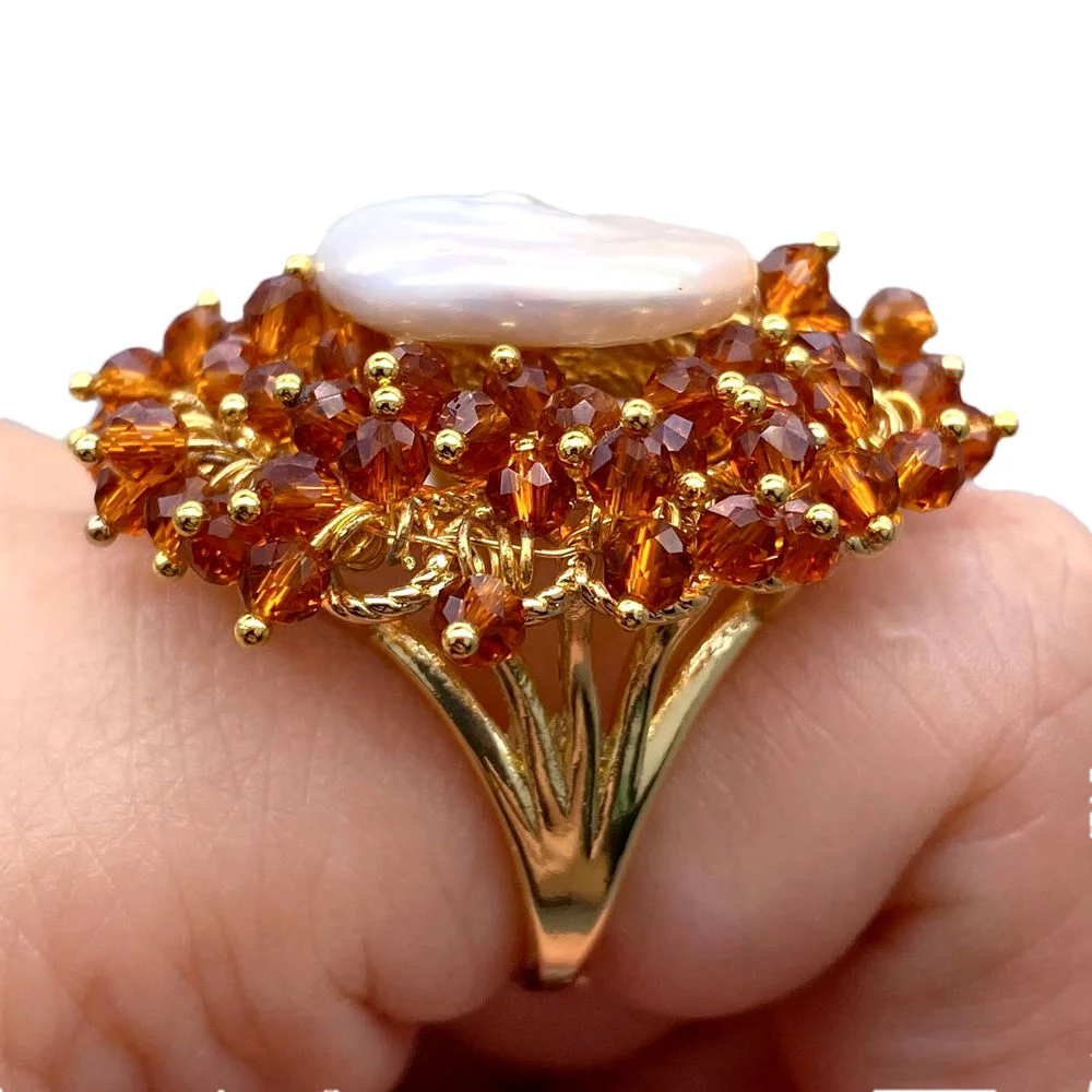 White Coin Pearl Brown Crystal Gold Plated Adjustable Ring