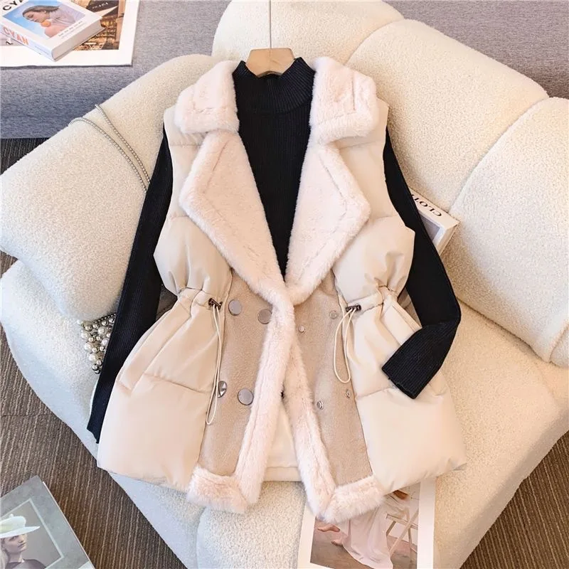 

Winter New Double Breasted Cotton Coat Vest 2025 New Spliced Plush Fur Collar Drawstring Sleeveless Jacket Versatile Lapel Top