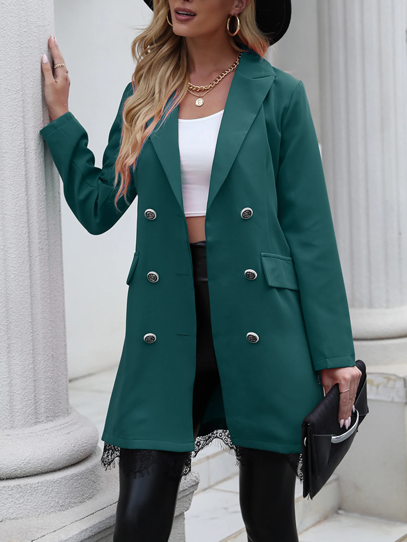 เสื้อเบลเซอร์ผู้หญิงสีพื้น ความยาวปานกลาง สไตล์ยุโรปอเมริกัน สำหรับฤดูใบไม้ร่วงและฤดูหนาว แฟชั่นทันสมัย