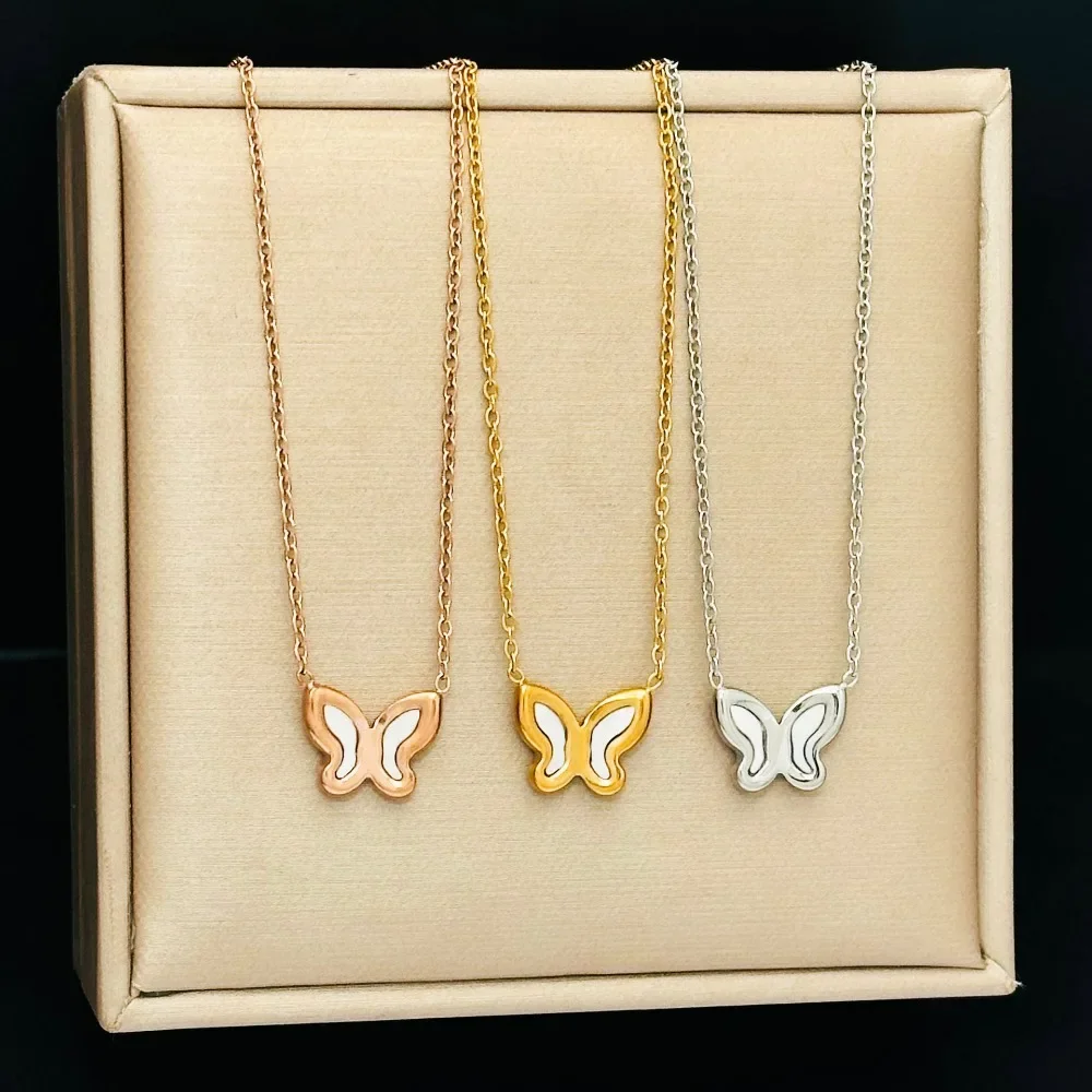 Charm Classic Gold Color Stainless Steel White Fritillary Butterfly Pendant Necklace for Women Cute Party Collar Jewelry Gift