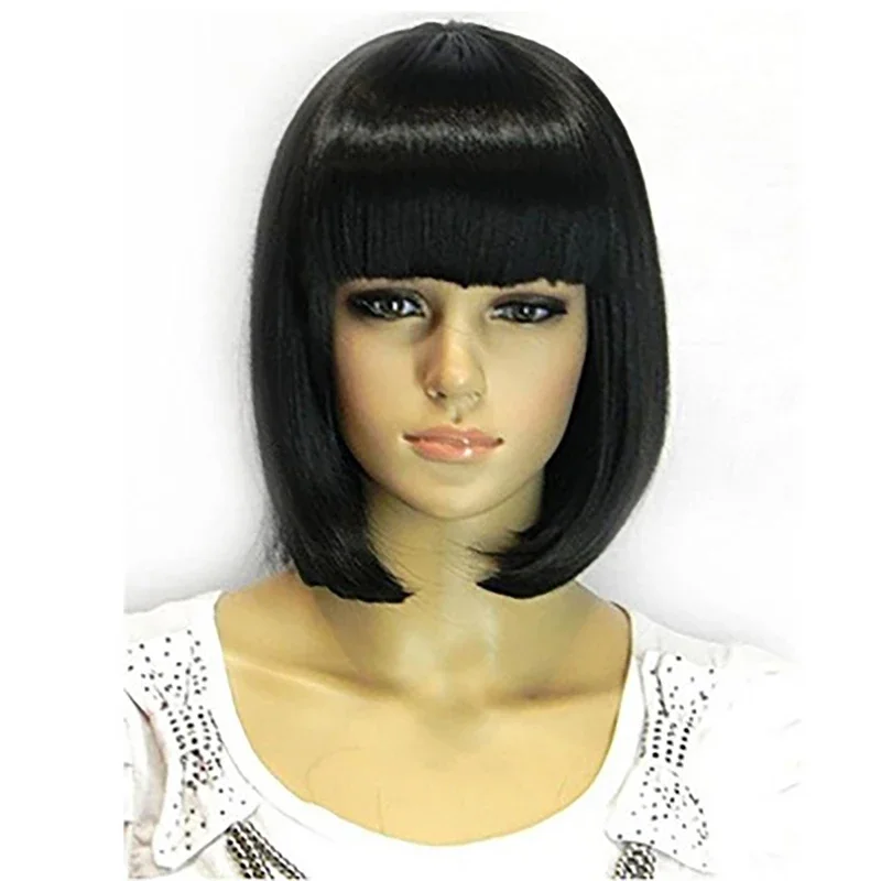 Straight Black Synthetic  Hair Wigs Full Bangs for Women  Bob Wig Heat Resistant bobo Hairstyle Cosplay wigs