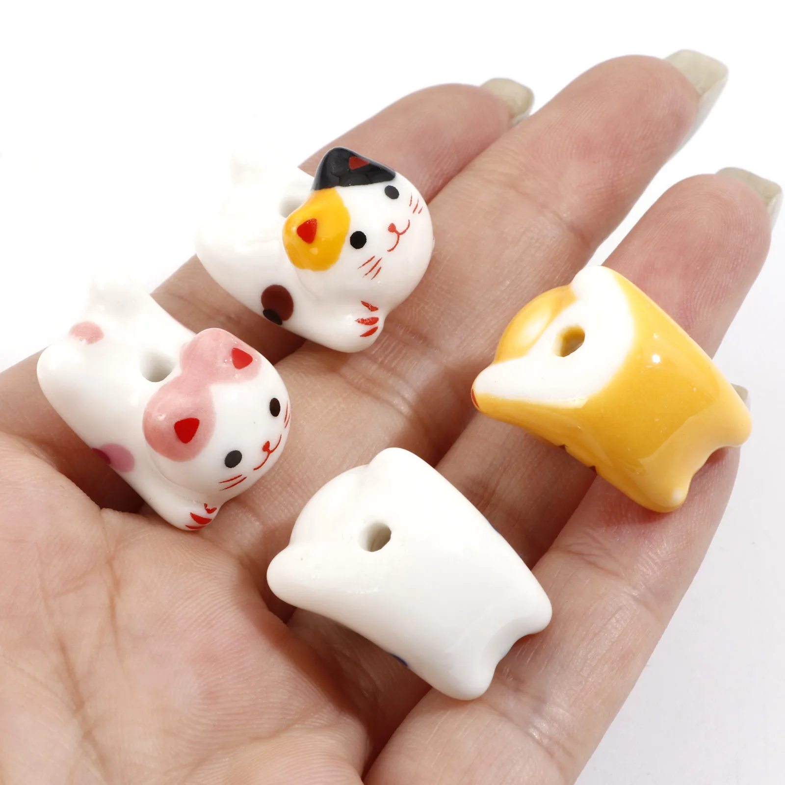 Cute 3D Cat Animal Ceramic Beads For DIY Charm Jewelry Making Bracelets Necklace About 21mm x 16mm, Hole: Approx 2.4mm, 2 PCs