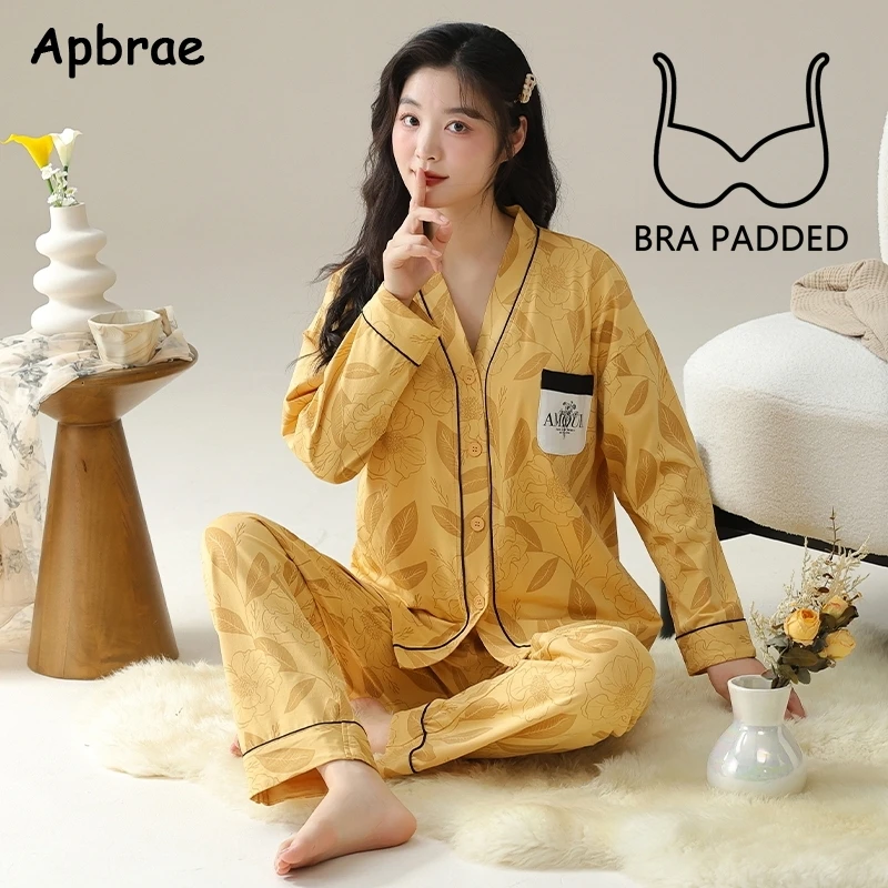 New Autumn Sweet Girl Kimono Pajamas with Bra Pads Long Sleeves Full Pants Pyjamas Cardigan Cotton Pajama Sets Woman Nightwear