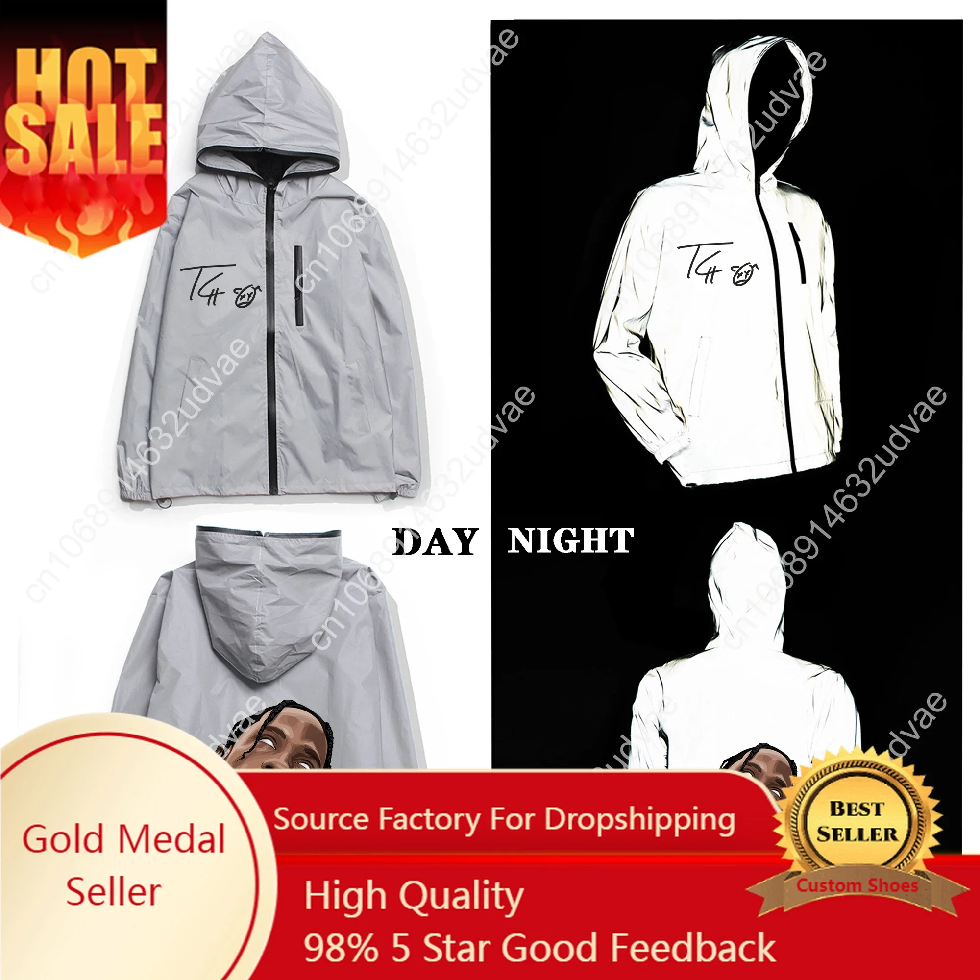 S-Scott Hip Hop Rapper Singer Travis Reflective Jacket Mens Womens Coat Hooded Windbreaker Pocket Jackets Cycling Custom Hoodie