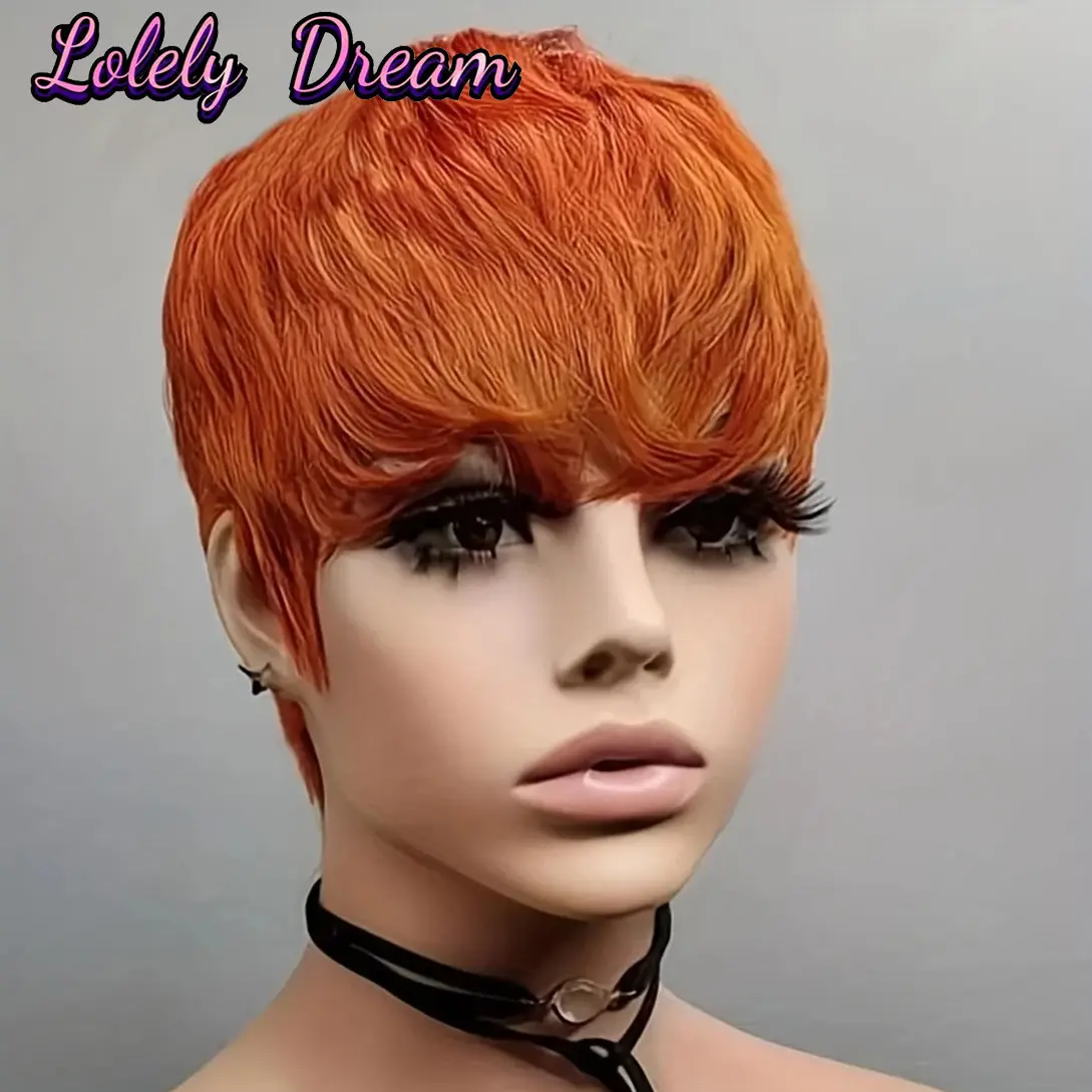 

Короткие парики из натуральных волос Lolely Dream Ginger Color с челкой оранжевого цвета, машинное производство, короткие парики из натуральных волос с стрижкой пикси
