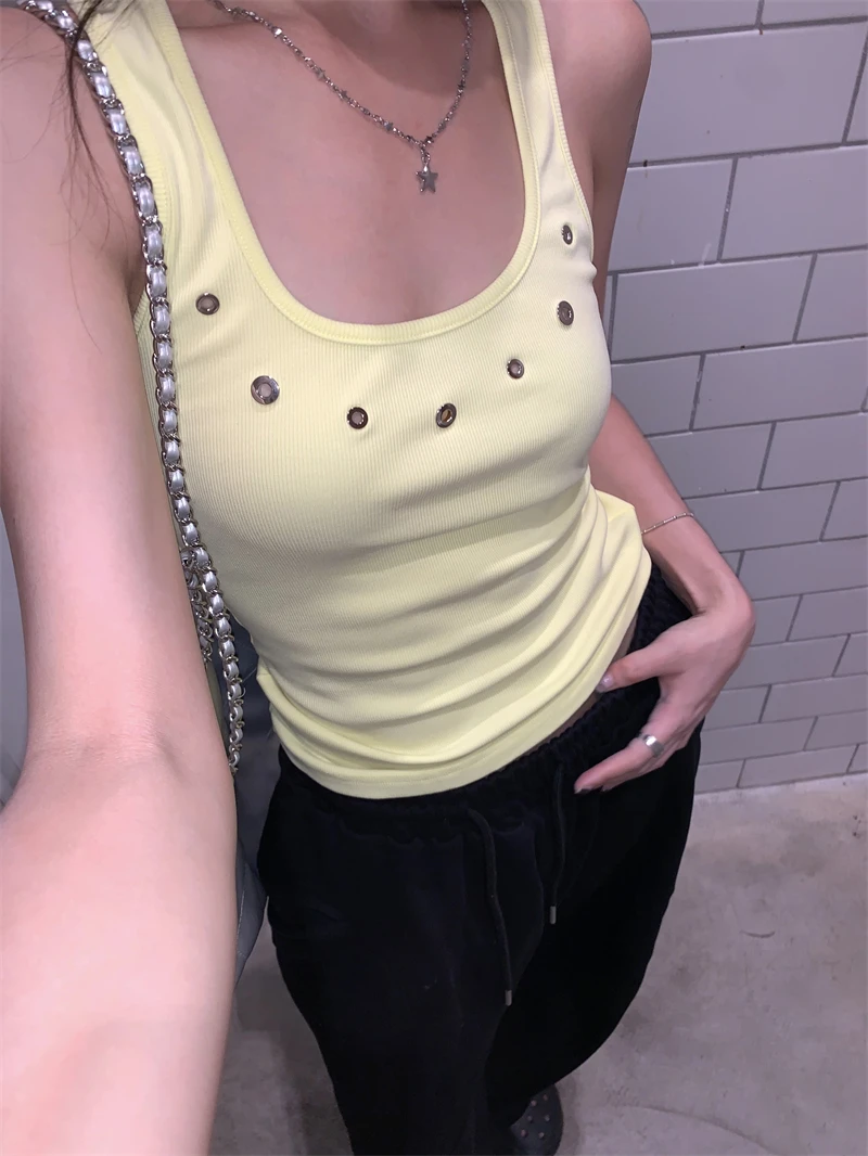 

Y2k New Tank Tops Women Skinny Hollow Out Sleeveless Tshirts Streetwear Retro American Crop Tops Black Summer 2000s