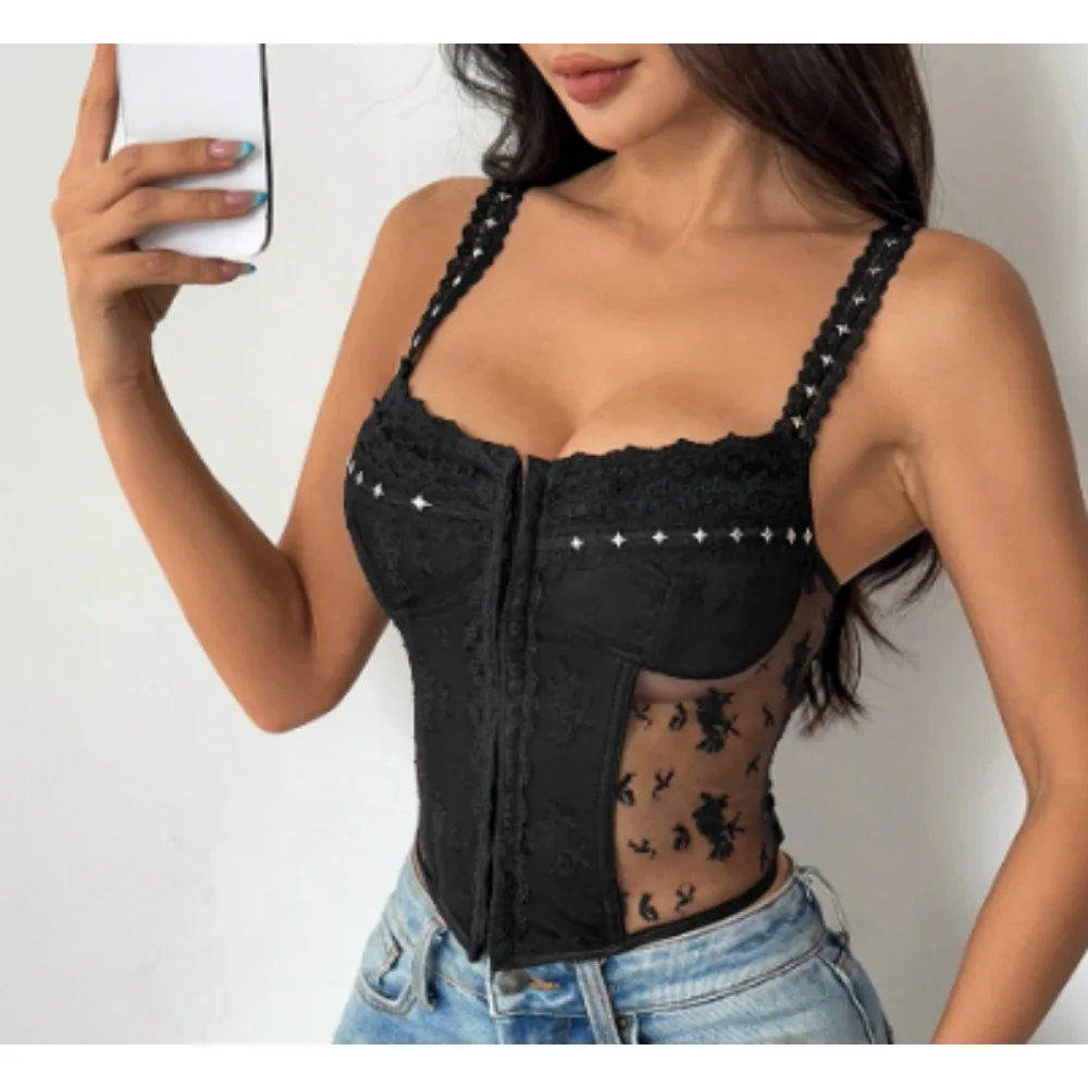 Chic Retro lace PATCHWORK Camis French Fashion Tank Top Slim  Crop Top Sexy  Women Summer Tops Ins