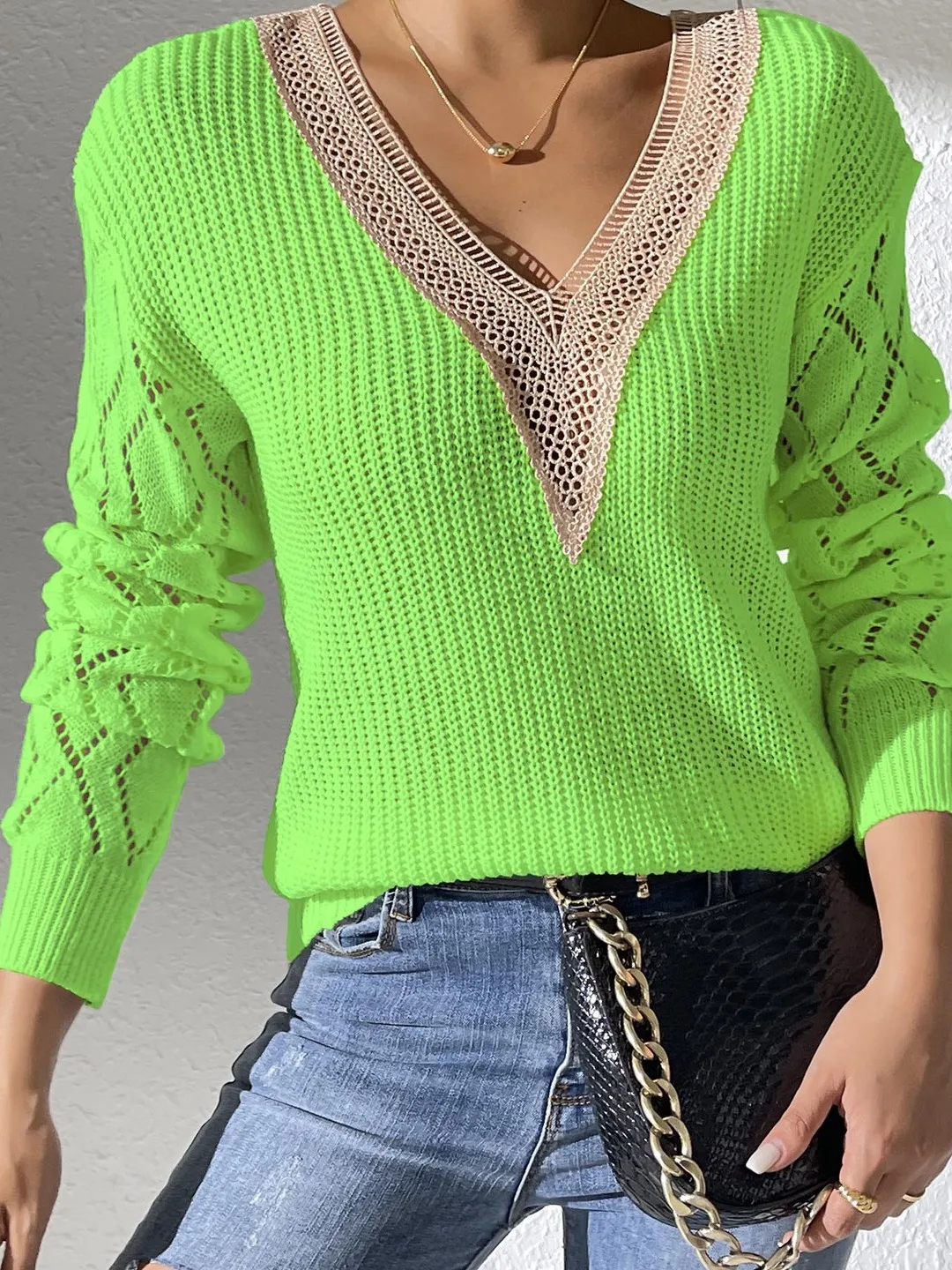 قميص محبوك من Faionable V-ne مرقع مجوف للسيدات طويل Sve مستقيم مناسب للشتاء الناعم حصريًا عبر الإنترنت #3