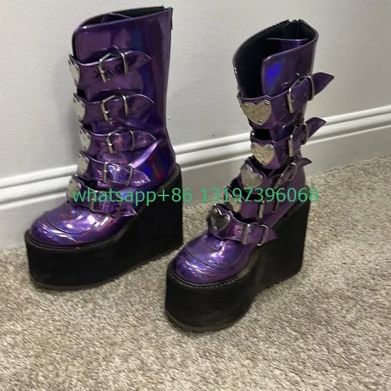 Lady goth purple color heart shape buckle design boots Gothic style rock platform height top calf boots causal boots size 35-46