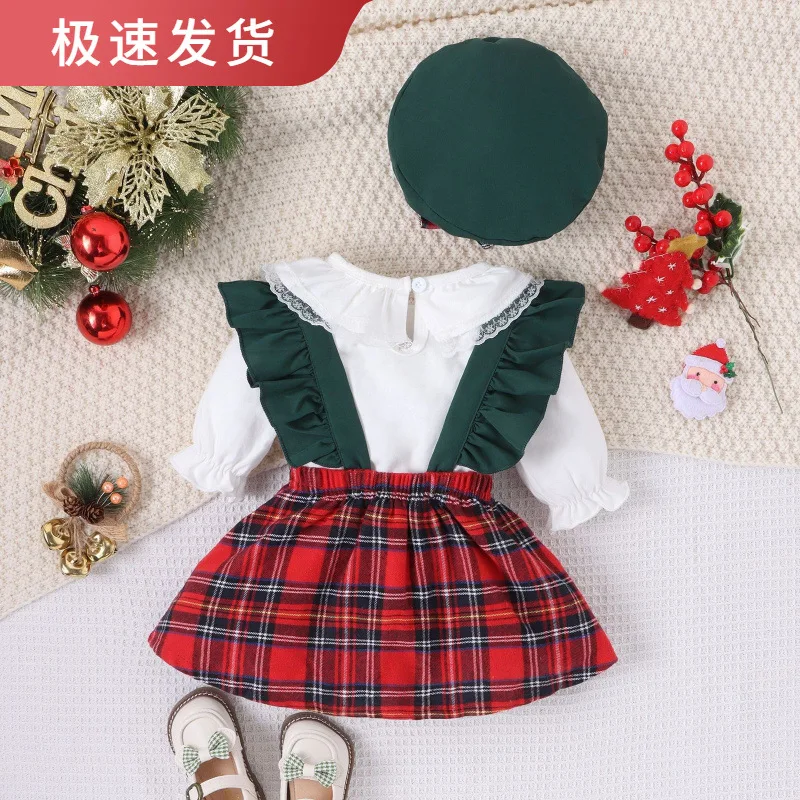 Christmas Baby Girl Clothes Solid Color Lace Bodysuit Plaid Ruffles Suspenders Dress with Basque Cap Toddler Outwear Suit