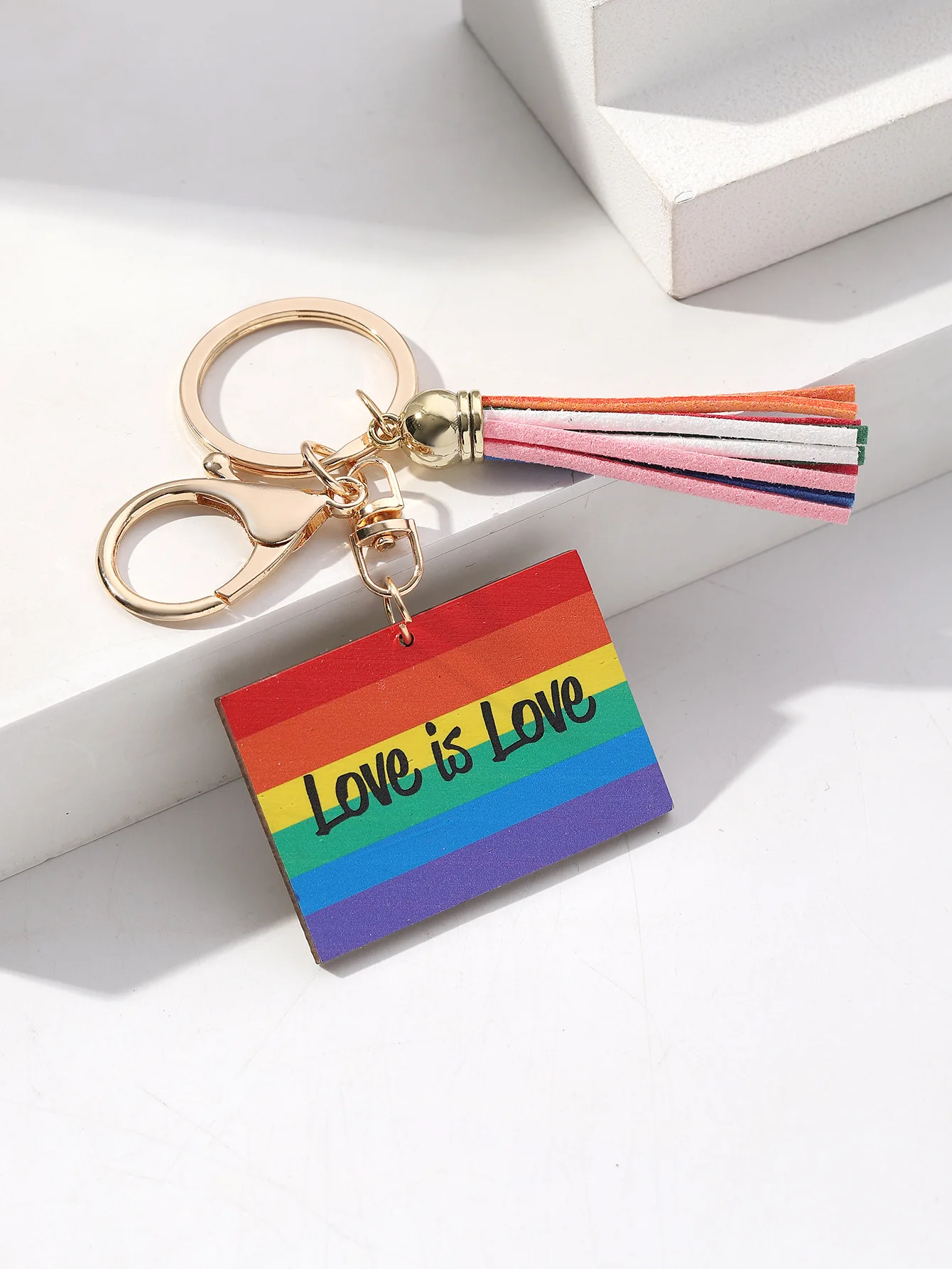 Gay Pride Flag Keychain Rainbow Heart LOVE is LOVE English Letter Tassel Hanging Key Ring