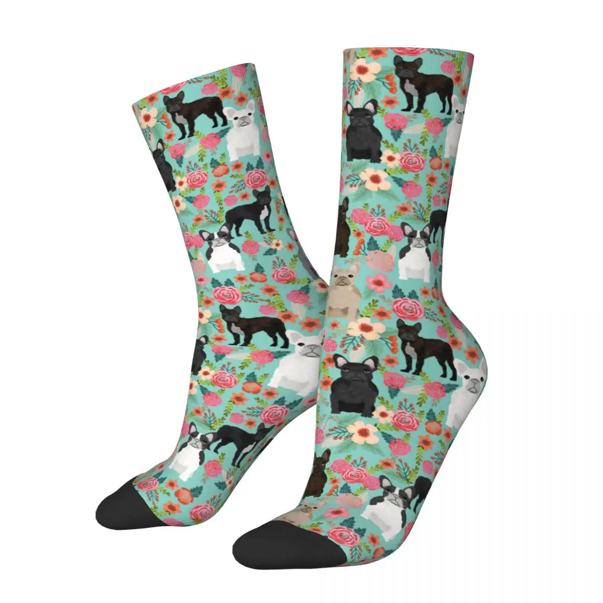 

Funny French Bulldogs Vintage Florals Dog Sports Socks Animal Polyester Middle Tube Socks for Unisex Sweat Absorbing