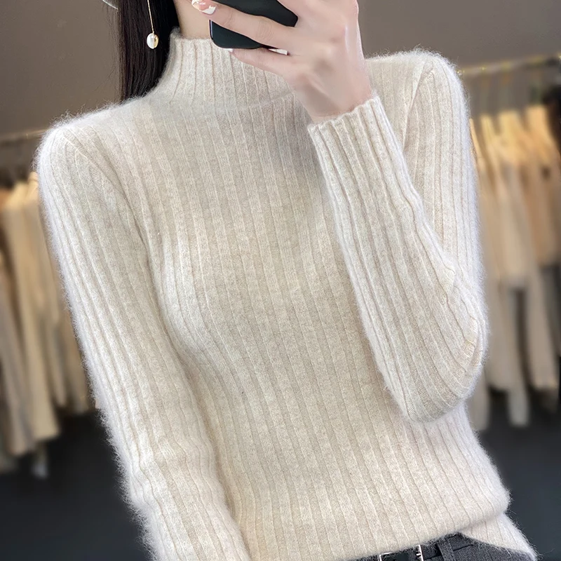 Women\'s 100% Pure Mink Cashmere Sweater,Half Turtleneck,Slim Pit Strip Knitted Sweater,New Top,Spring,Autumn,Winter Wear,Fashion