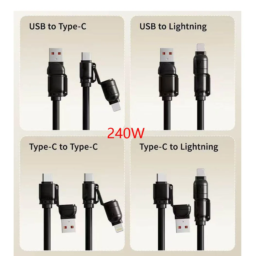 240W 4-in-1 USB Type C Cable Spring Telescopic Super Fast Charging USB C Data Cord For iPhone 16 14 Laptop Samsung Xiaomi