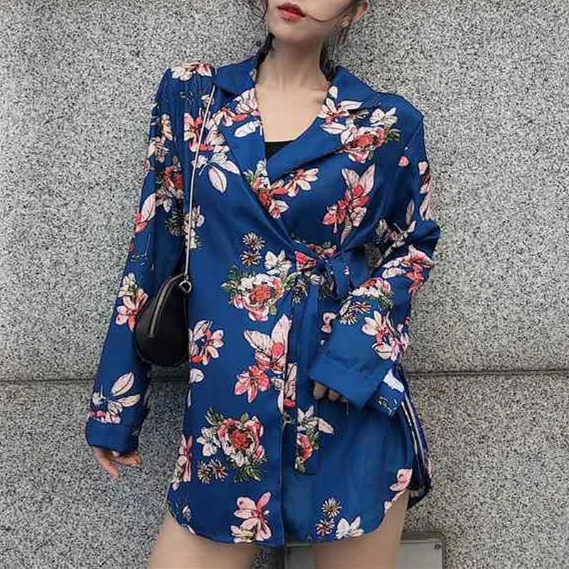 2023 Spring and Autumn Women's Fashion Loose Casual Split Lace Up Waist Versatile Long Sleeve Chiffon Printed Shirt Suit Coat