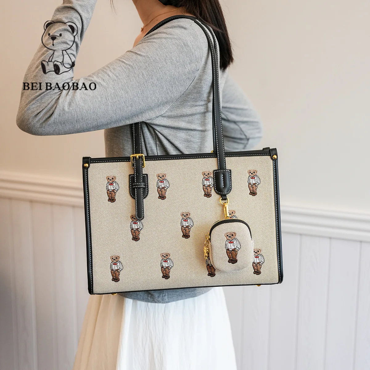 Beibaobao Embroidered Bear Tote Bag Women's Summer 2024 New Large Capacity Shoulder Bag Cartoon Tote Bag  Bolso de mujer