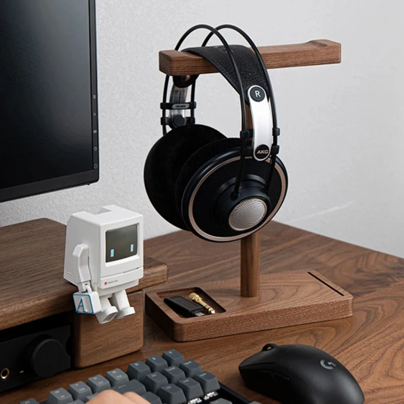 Black Walnut Dual Headset Holder Universal Headphones Display Shelf Small Tray Desk Hanger Gaming Headsets Office Organization