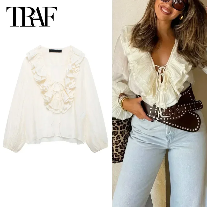 TRAF Butterfly Pleated Shirt Ruffled Shirts&Blouses 2024 Summer Autumn Women\'s Elegant Ladies Fashion Casual Long Sleeve Blouses