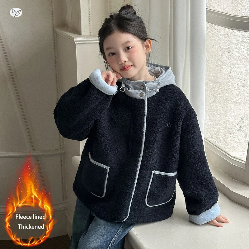 

Girls' fall/winter Faux lamb Fleececoat 2025 new style large children's padded Outwear with hood Winter clothing