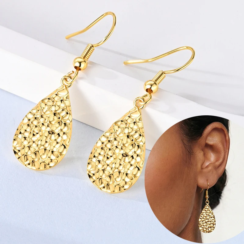Original 925 Sterling Silver Golden Water Droplet Hammer Pattern Big Drop Pendant Earrings For Women Wedding Jewelry Gift