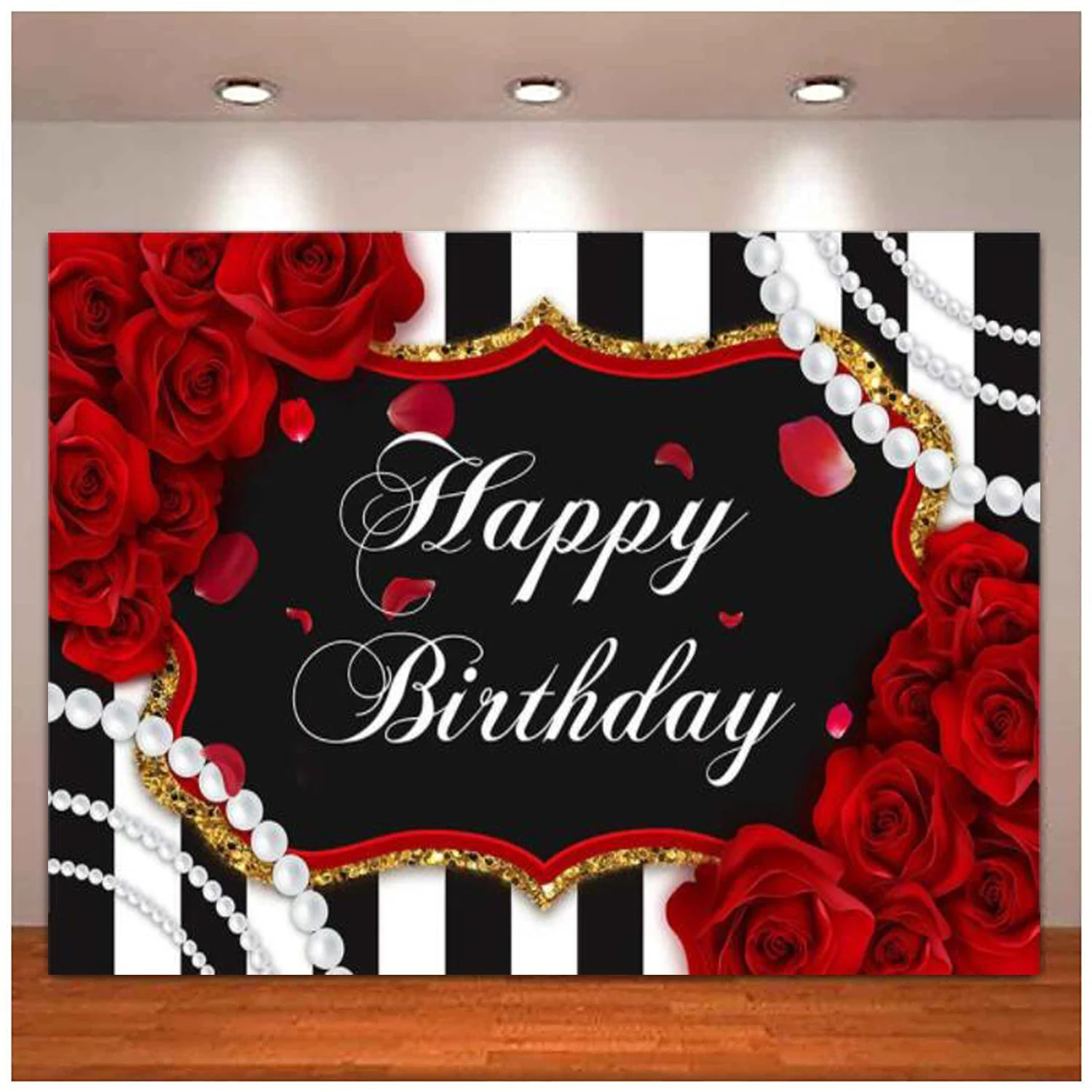 Happy Birthday Party Rose Flower Photography Backdrop Red And Black Stripe Decoration Pearl Red Floral Dessert Table Background