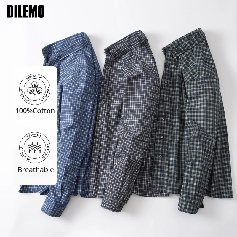 

Top Grade 100% Cotton Wrinkle-free Easy-care Men Shirt Plaid Long Sleeve Breathable Button Down Checkered Business Casual Tops