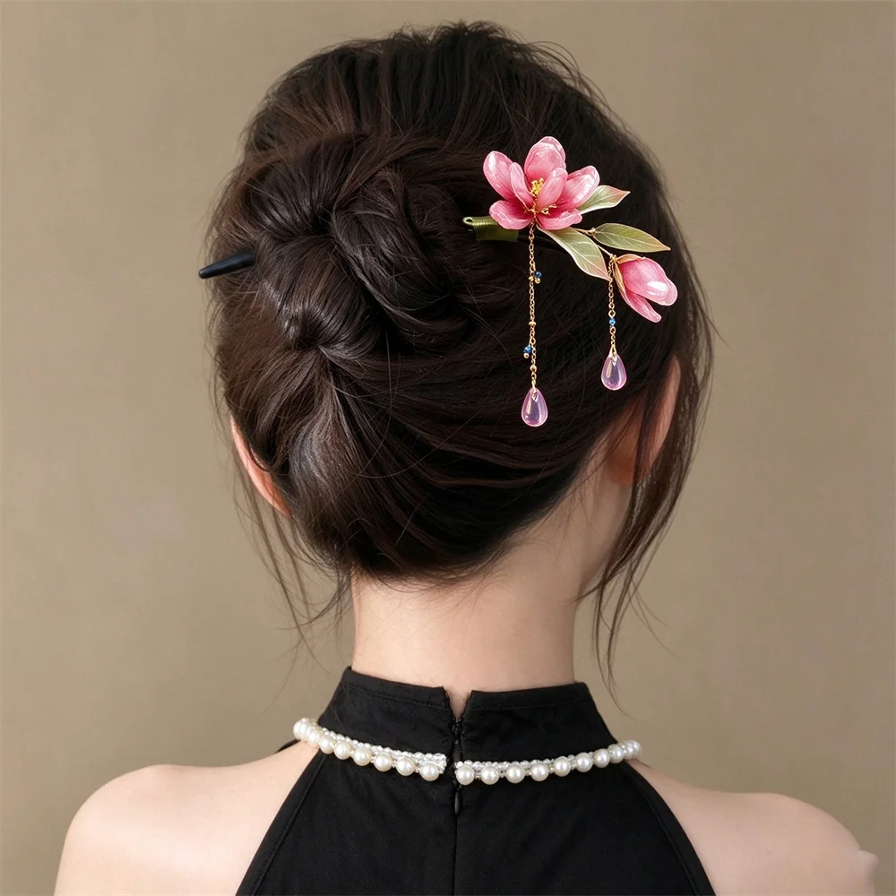 Floral Hair Stick Chinese Style Hairpin, Pink Flower Tassel Retro Traditional Hanfu Elegant Hair Accessory For Women Daily Party
