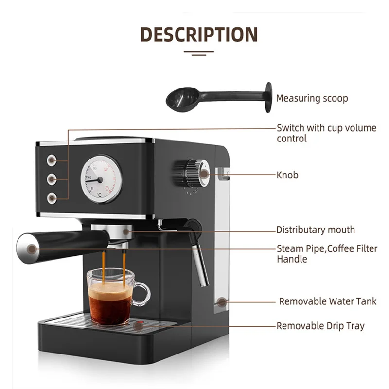 Italian Semi-Automatic Coffee Maker Household Concentrated Steam Frothing 20Bar 1.2L Desktop Espresso Machine With Pressure Gage