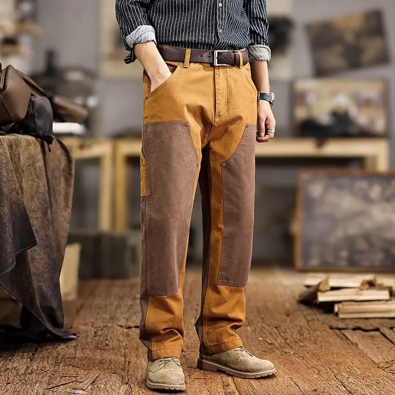 American-style Patchwork Color Block Casual Pants with Loose Straight-leg and Heavy-duty Functional Design