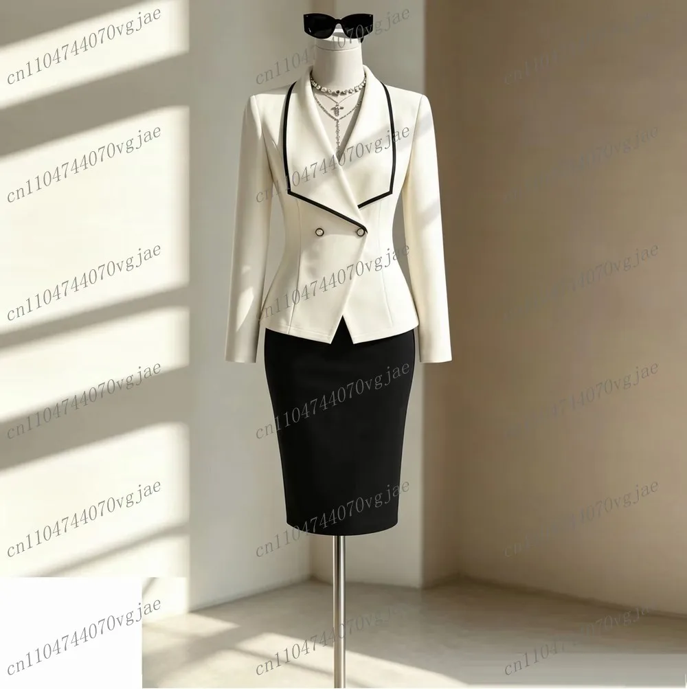White And Black Formal Blazer Skirt Women Suits Lady Business Tuxedos Mother Wedding Party Ladies 2 Piece Set Jacket Skirt 06