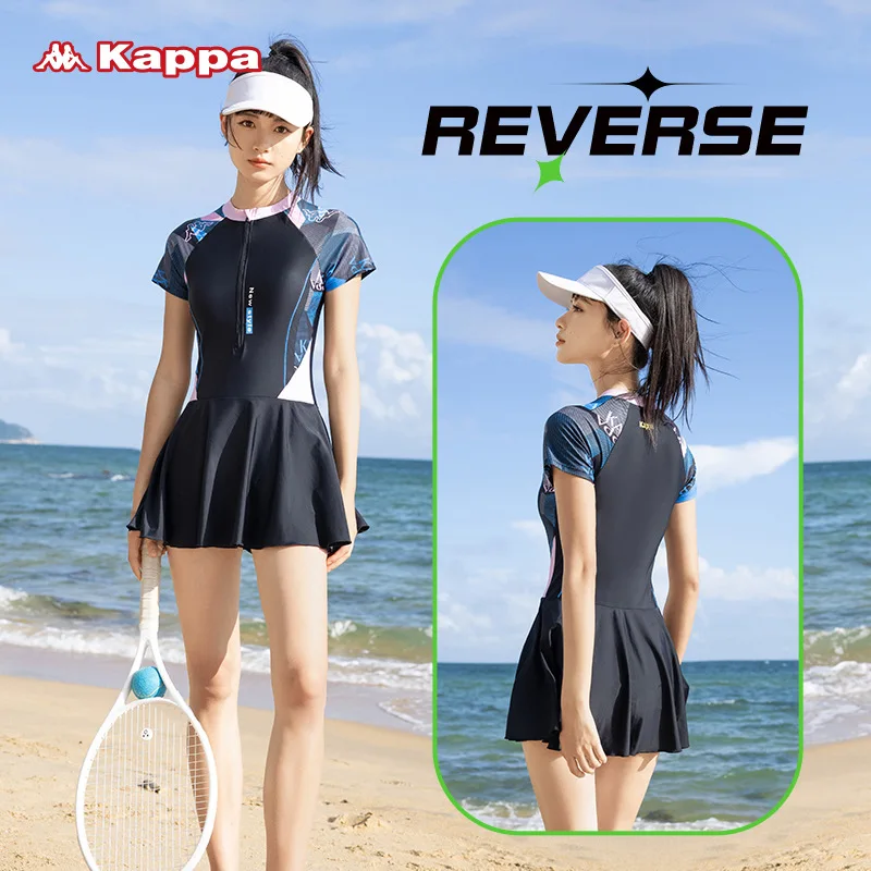 Women One Piece Professional WaterProof Surfing Paded Swim Skirt Short Sleeve Front Zipper Quick-Dry Athletic Beach SwimWear