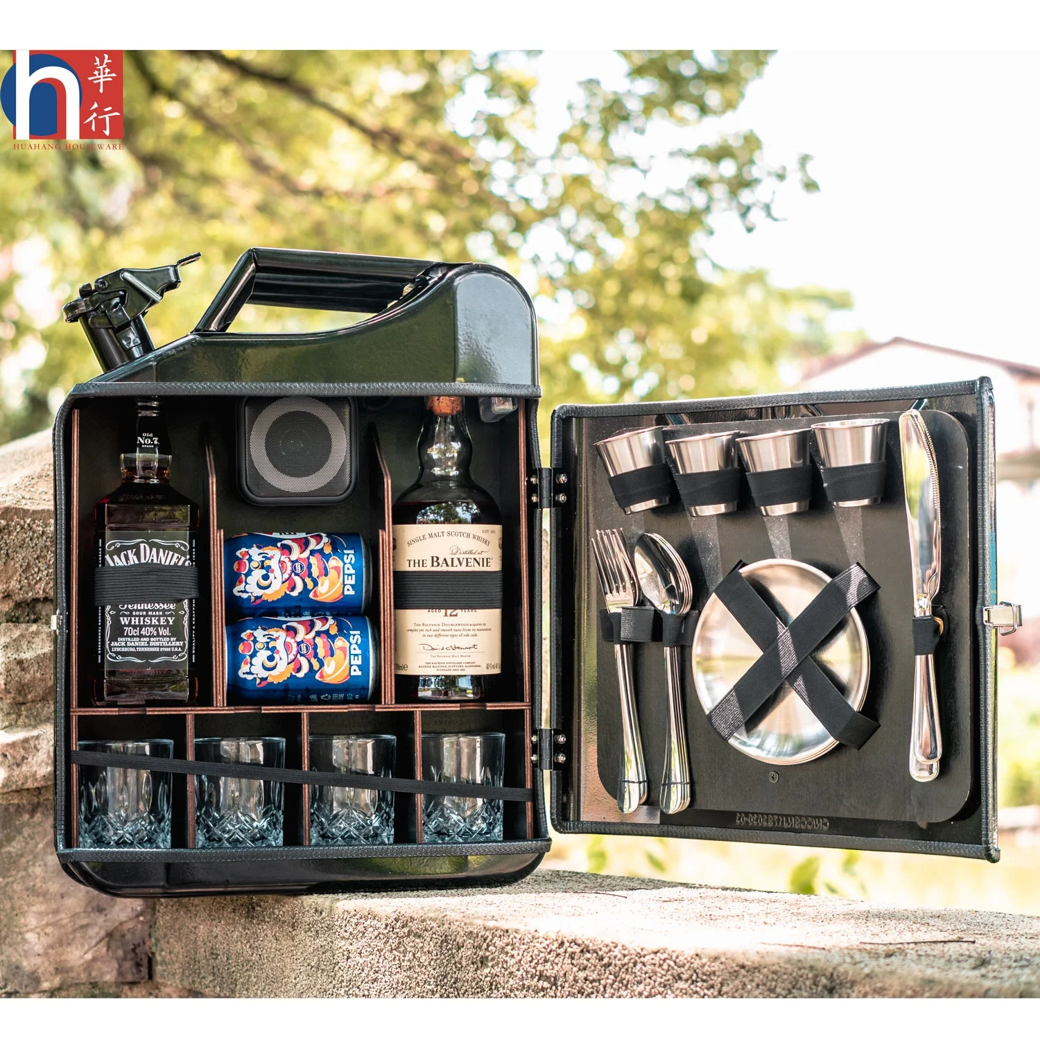 Custom 20L Black Matte Fuel Metal Jerry Can Mini Bar with Wooden Rack Bluetooth Speaker for Home Canister Bar Father's Day Gift